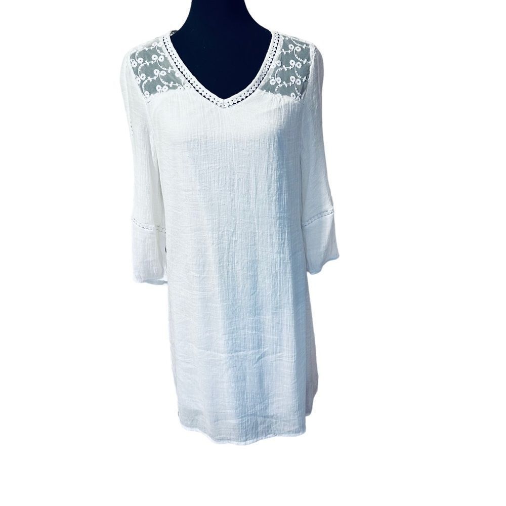 Indigo Rose White Boho Embroidered 3/4 Sleeve Shift Dress Sz M